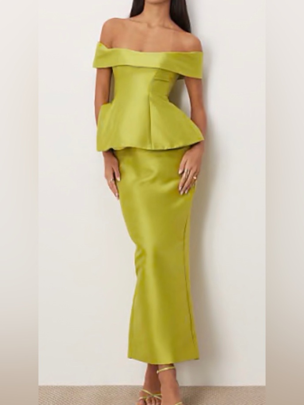 ISO ASOS ARRANGE structured off the shoulder satin maxi dress in lime